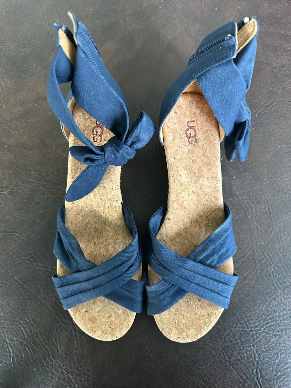 UGG Navy Fabric Cork Wedge Sandals with Ankle Tie